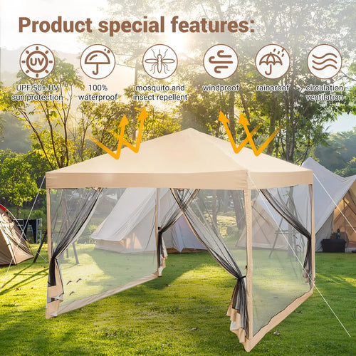 10x10ft Pop Up Canopy With Mesh Sidewall, Foldable Waterproof Gazebo Tent For Camping Patio Outdoor Parties