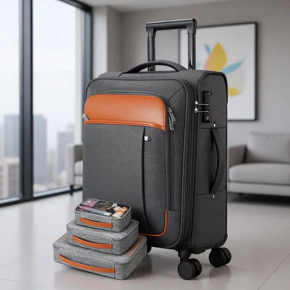 Expandable 20 Inch Airline Approved Carry-On Suitcase with Wheels, TSA Lock, and 4-Piece Packing Bags (Grey)