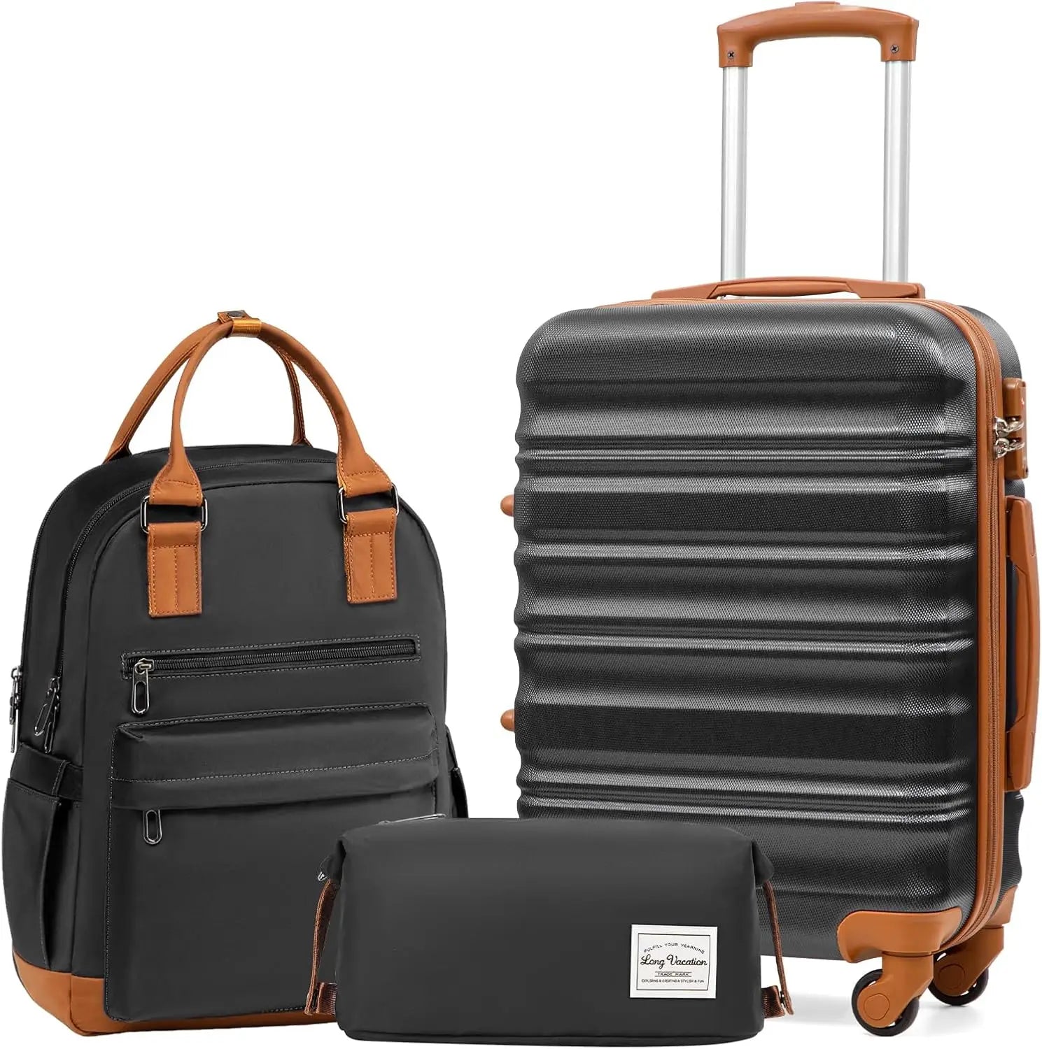 LONG VACATION 6 Piece Luggage Set Carry on Suitcase with ABS+PC hardshell, Spinner Wheels & YKK Zipper TSA Lock (BEIGE-BROWN