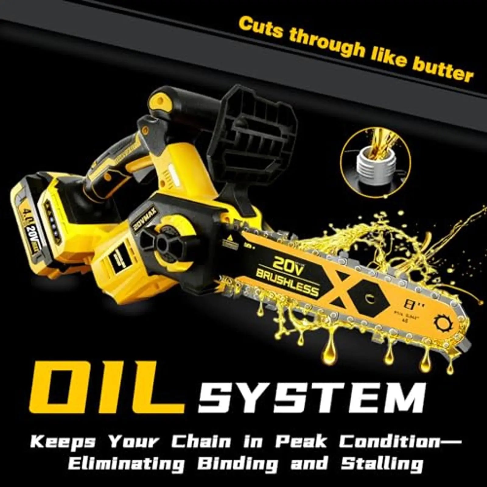 Cordless Brushless Chainsaw 8 Inch – for 20V MAX Battery, Upgraded 2026 with Oiling System & Chain Brake, 4.0Ah Battery for Wood
