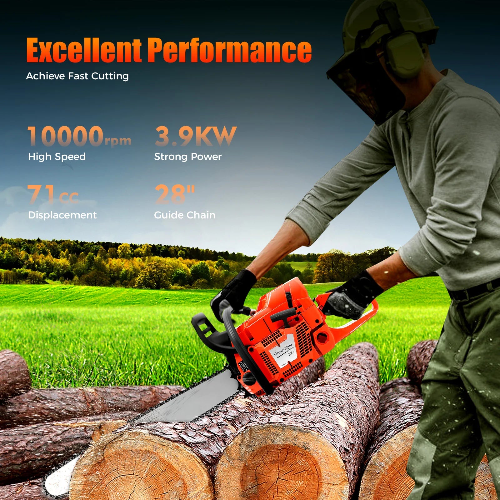 28inch Quick Start Gas Powered Chainsaw| 2-Stroke 71cc Air-cooled Handheld Cordless Petrol Chain Saw