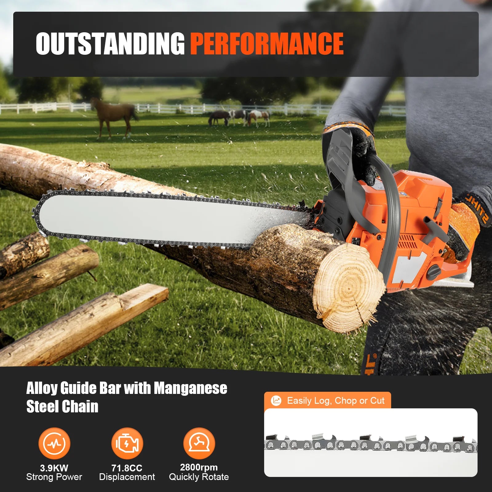 24-Inch 2800rpm Gas Chainsaw 72CC 3900W 2-Stroke Handheld Cordless Orange Chain Saws for Wood Cut