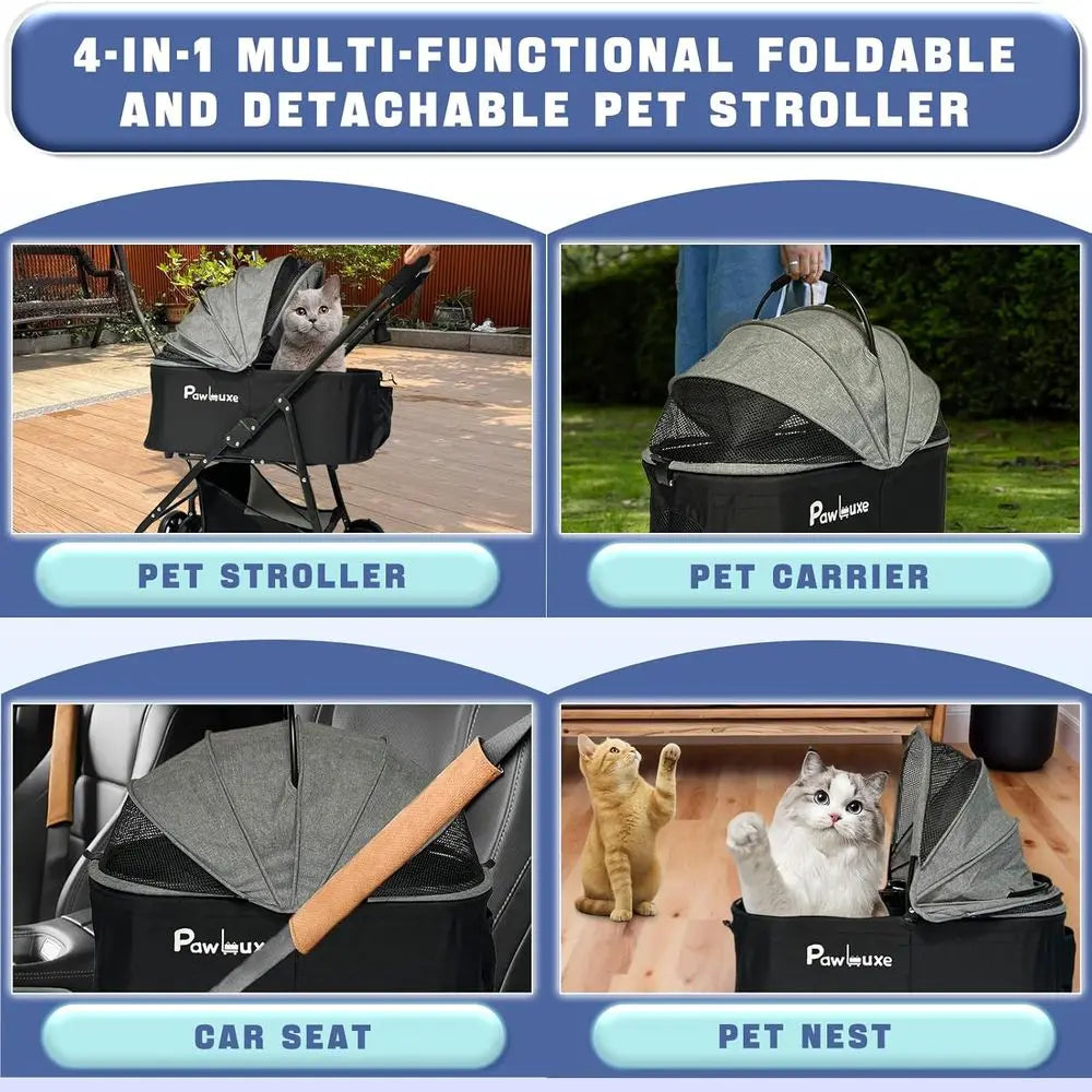 Pet Stroller 4 in 1 with Detachable Carrier for Small & Medium Dogs Cats up to 55 lbs Easy-Folding Travel Dog Wagon with Car Sea