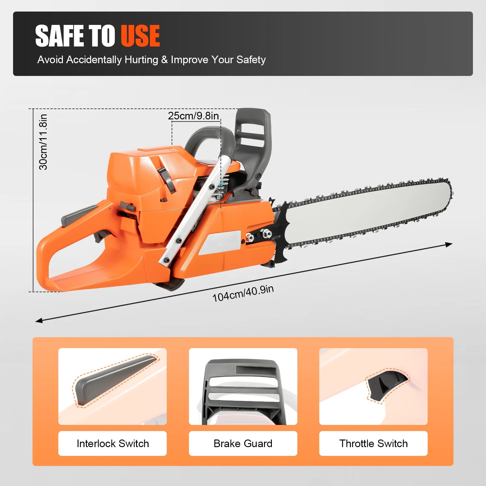 24-Inch 2800rpm Gas Chainsaw 72CC 3900W 2-Stroke Handheld Cordless Orange Chain Saws for Wood Cut