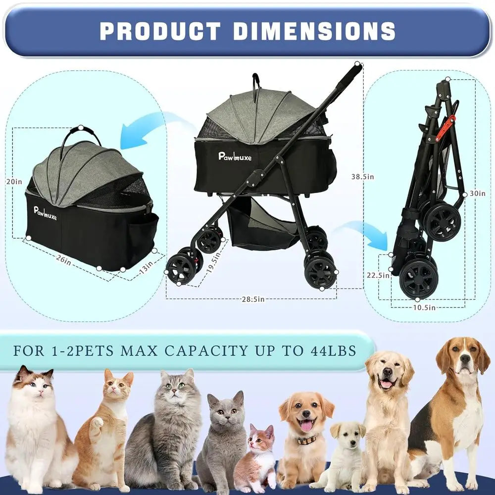 Pet Stroller 4 in 1 with Detachable Carrier for Small & Medium Dogs Cats up to 55 lbs Easy-Folding Travel Dog Wagon with Car Sea