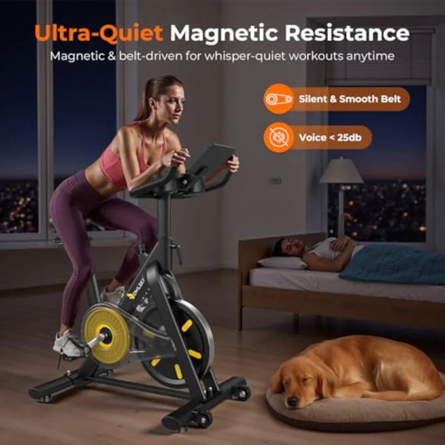Indoor Exercise Bike with APP Connectivity for Home Gym Cardio 300 lbs Ccity Quiet Stationary Bike with Adjustable Seat and Tab