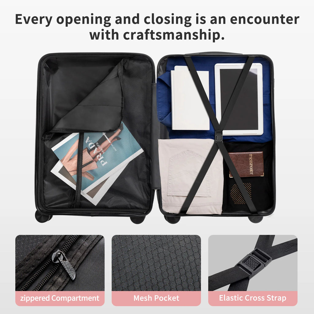 16in, 20in, 24in, and 28in spinner suitcase sets. PP material, aluminum alloy pull rods, stylish colors, sporty luggage set.