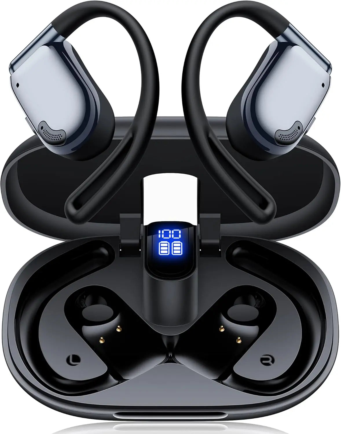 AI Translation Earbuds Real Time 164 Languages Translator 90H Playtime Bluetooth LED Display for Travel Business Learning Black