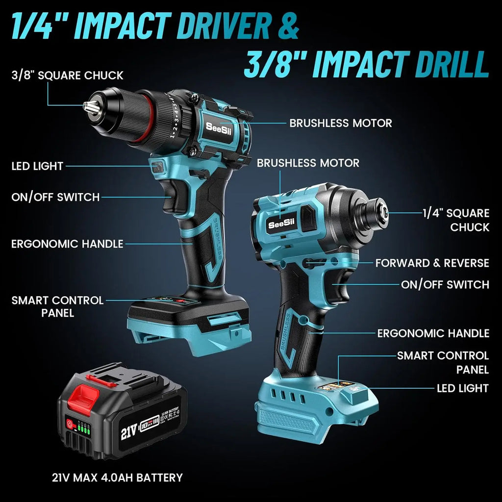 SEESII 21V Max Cordless Electric Drill and Impact Driver Screwdriver Tool 3/8'' Drill & 1/4'' Impact Driver 2x 4.0Ah Battery