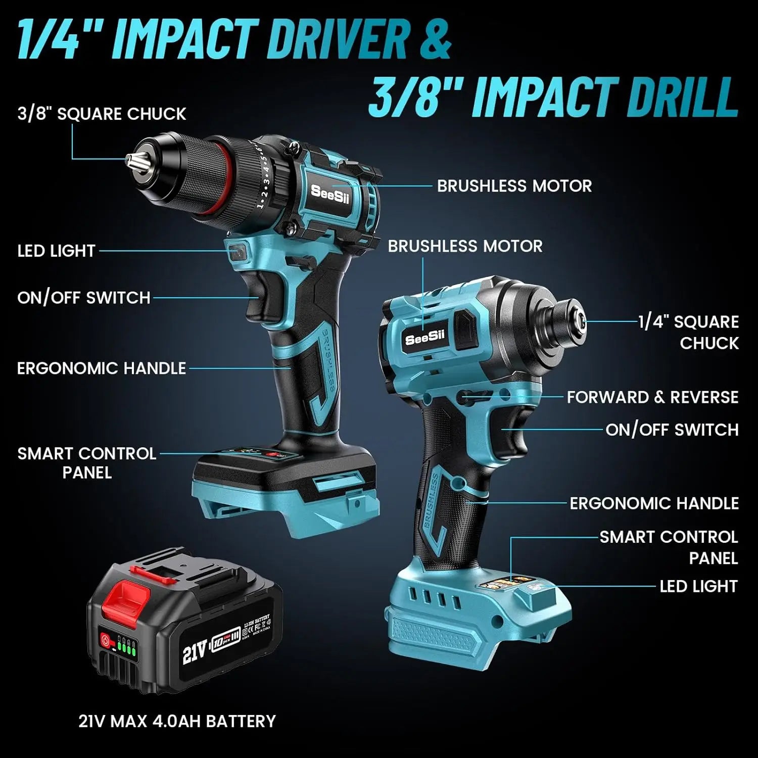 SEESII 21V Max Cordless Electric Drill and Impact Driver Screwdriver Tool 3/8'' Drill & 1/4'' Impact Driver 2x 4.0Ah Battery