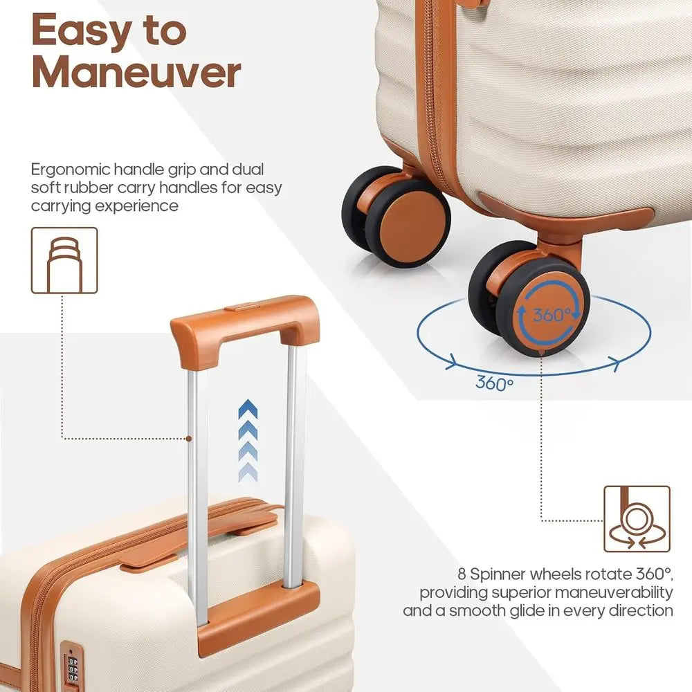 3-Piece Luggage Set: 20 Spinner Carry-On with TSA Lock, Durable Hardshell Suitcase & Travel Backpack (Beige)