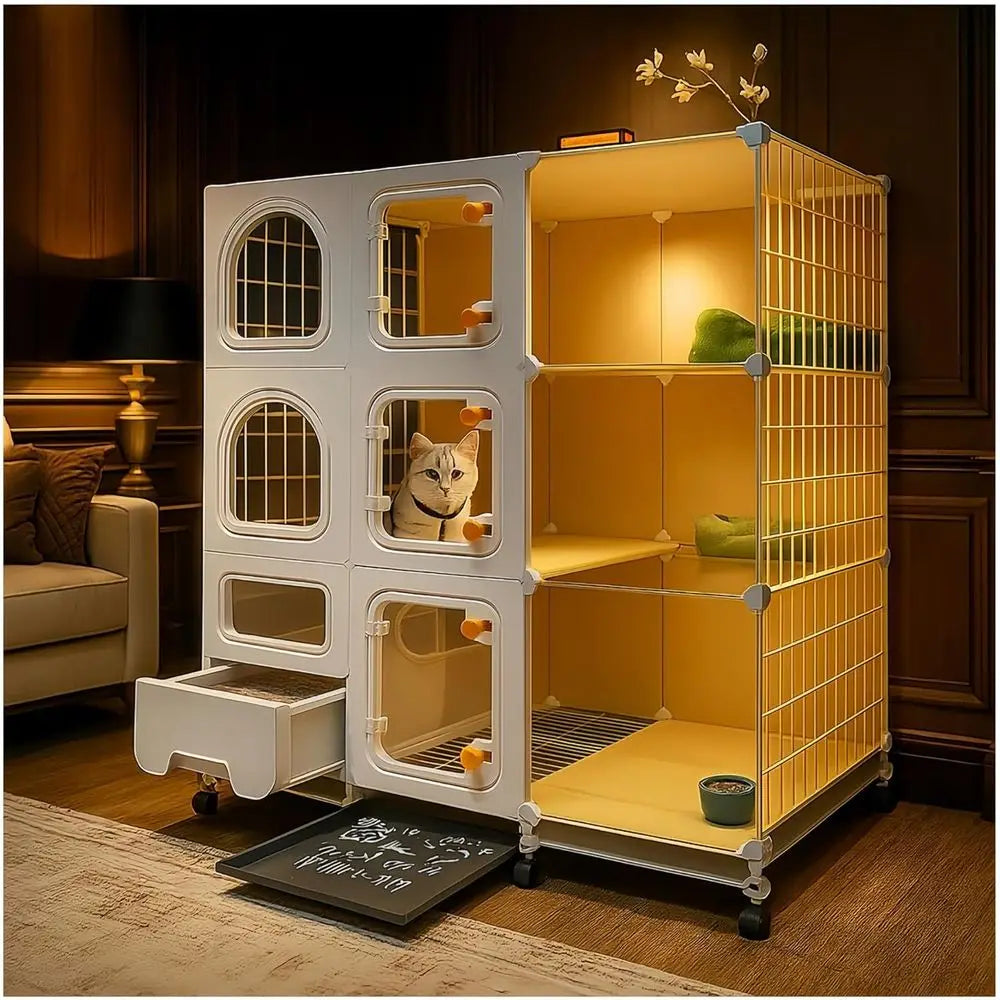 cat cage Indoor with Litter Box, Complimentary Bed, Bowl,Cleaning Three Piece Set,Large cat Enclosure, Cat House with Wheels Out