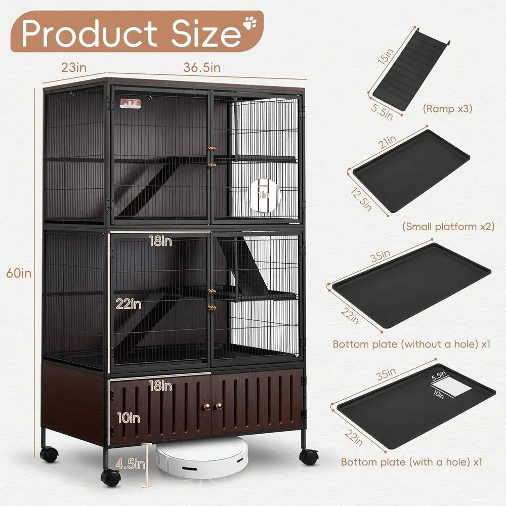 Large 60H Metal Chinchilla Cage with Removable Pan & Double Doors, Indoor Wooden Pet Crate for Small Animals
