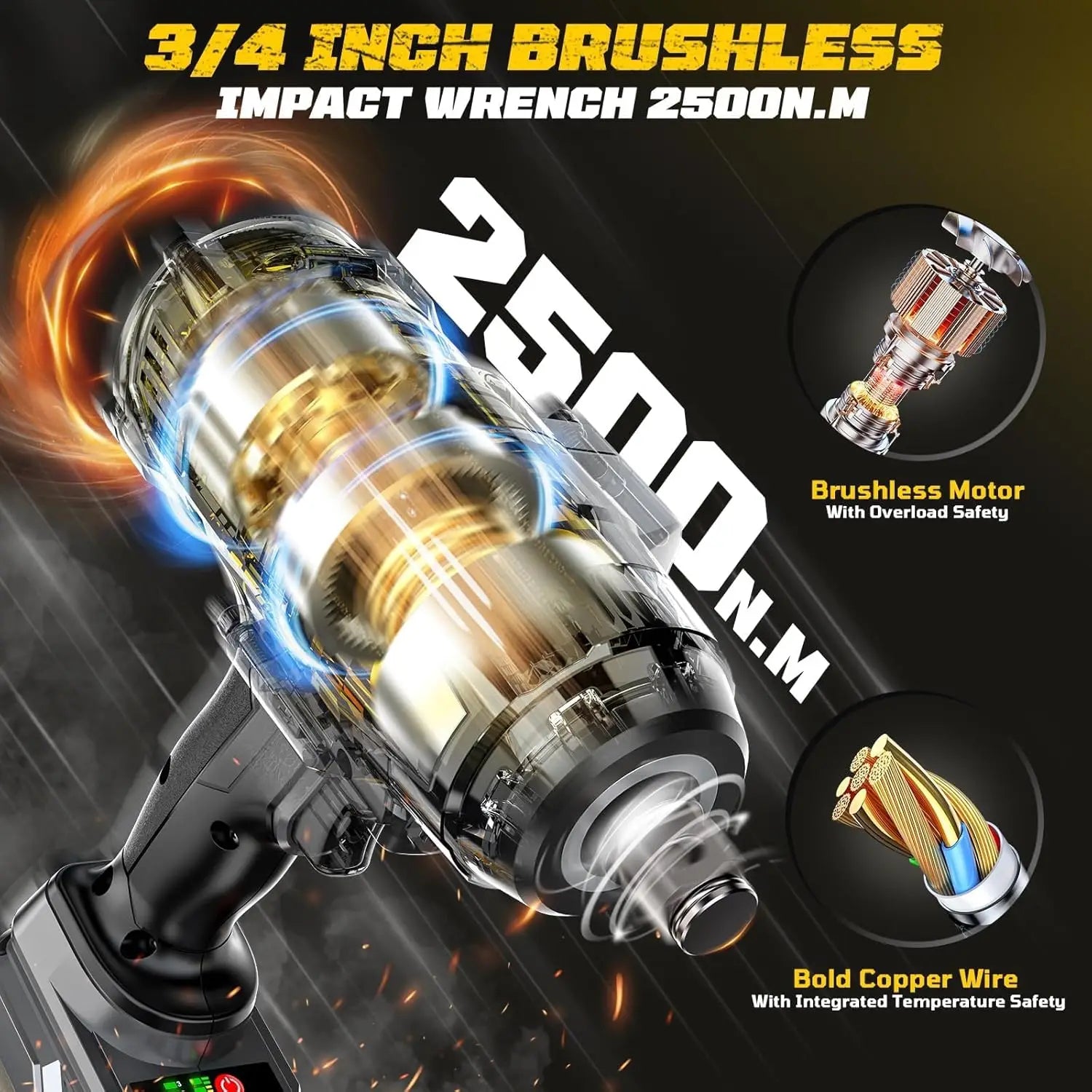 3/4 Inch Cordless Impact Wrench 1850ft-lbs Brushless Motor High Torque Heavy Duty Automotive Tool