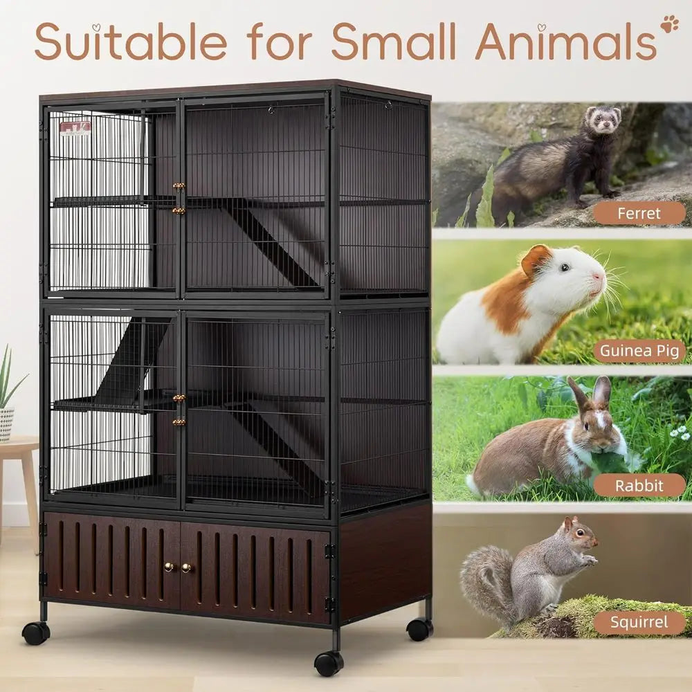 Large 60H Metal Chinchilla Cage with Removable Pan & Double Doors, Indoor Wooden Pet Crate for Small Animals