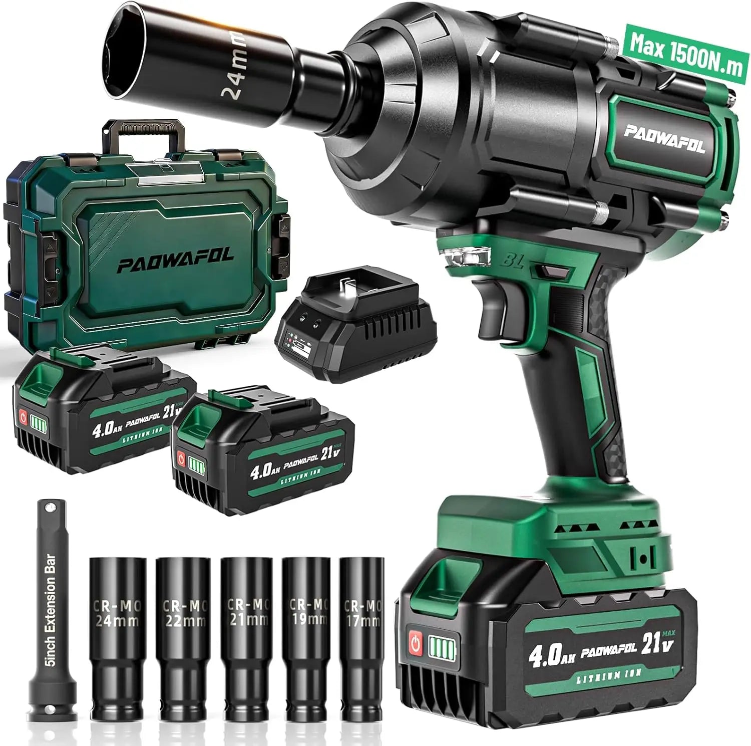 2026 Upgrade 1500N.m Impact Wrench, 21V Brushless with Battery, Charger & Sockets for Car Truck Tires