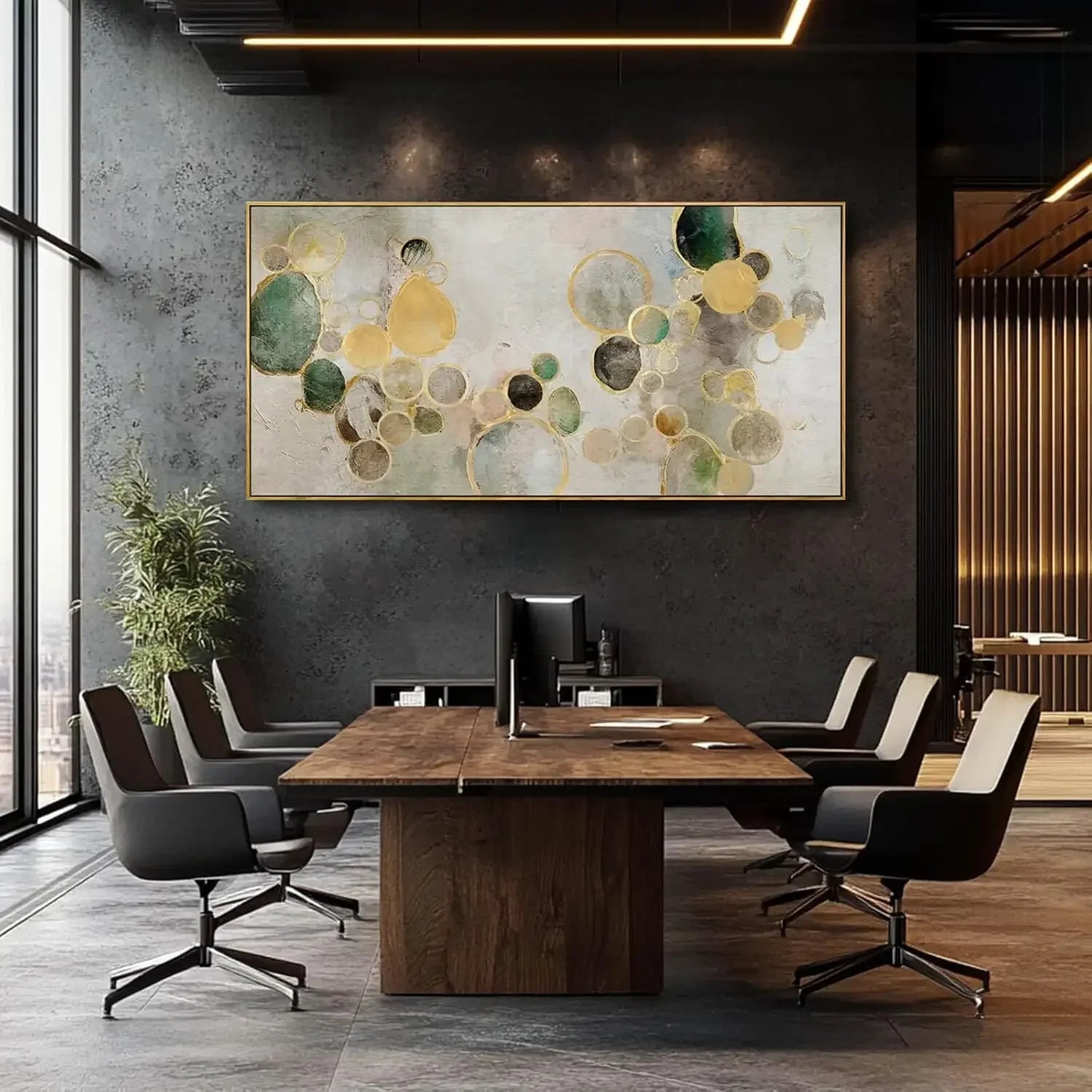 Abstract Canvas Wall Art Gold Circle Painting Green Artwork Framed Wall Prints 29"x 58" Office Wall Decor Colorful Pictures