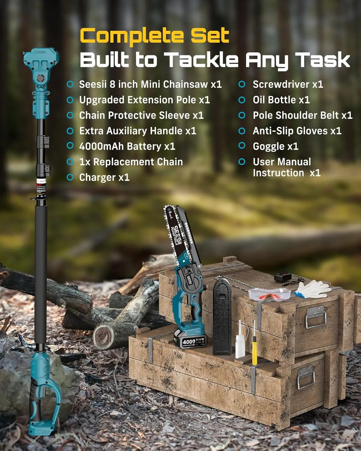 8-Inch 2-in-1 Cordless Pole Saw & Mini Chainsaw, 21V Brushless Electric Tree Trimmer with Extension Pole, 2×4000mAh Batteries