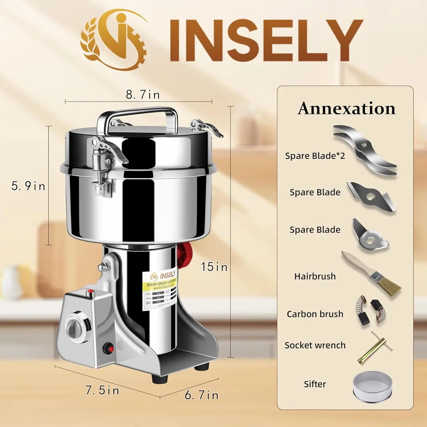 2000g High-Speed Electric Grain Mill Grinder for Kitchen, Stainless Steel Flour Nut Wheat Corn Herbs Spices Dry Grinding