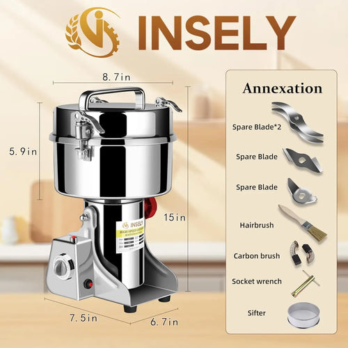 2000g High-Speed Electric Grain Mill Grinder for Kitchen, Stainless Steel Flour Nut Wheat Corn Herbs Spices Dry Grinding