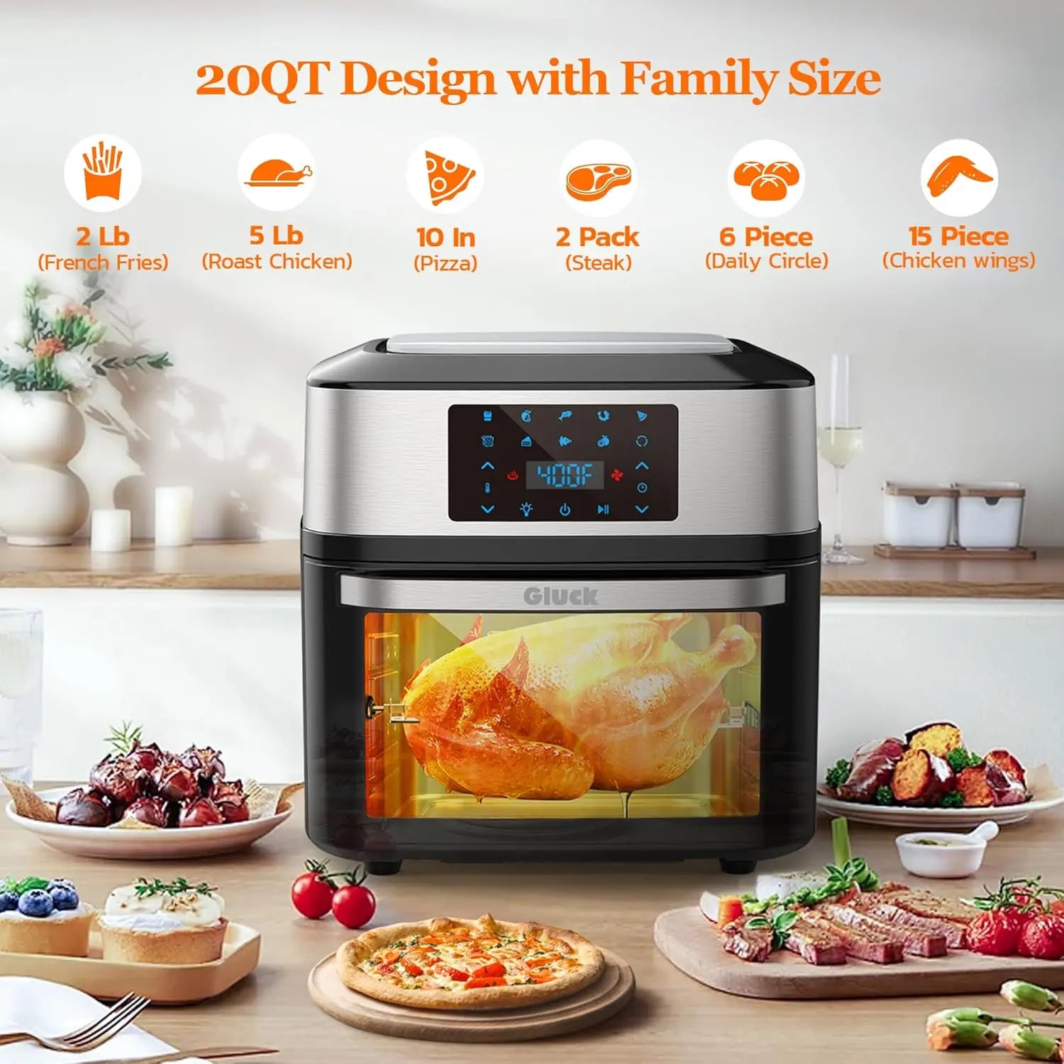 Large 20 QT Air Fryer Oven Combo with Window, 10-in-1 Toaster Oven with Rotisserie and Dehydrating Racks for Family Cooking
