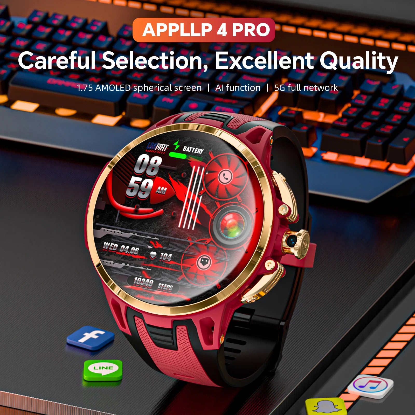 LOKMAT New APPLLP 4 Pro Android Watch Phone 4G SIM Card Smart Watch Full Round Amoled Touch Screen Camera Video Calls Fitness