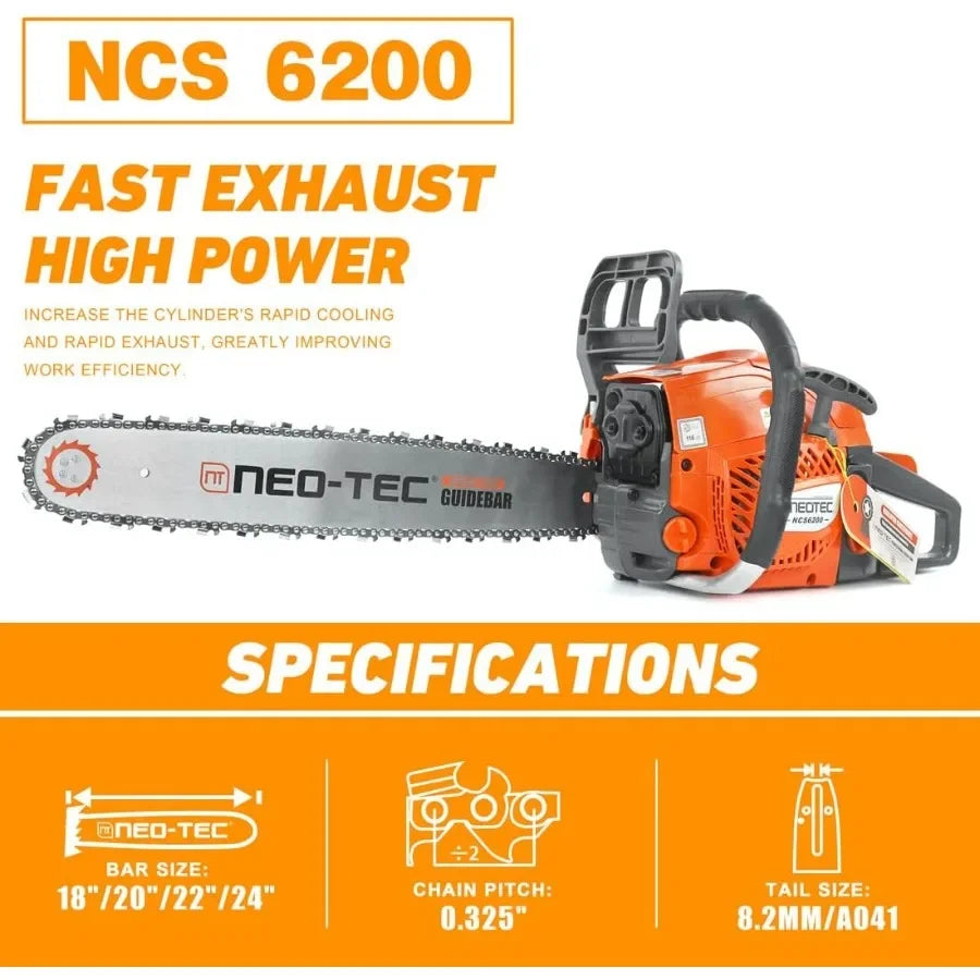 NEOTEC 20 Inch Chainsaw 62CC Power Chain Saws Gas Powered 2 Stroke Handed Petrol Gasoline Chain Saw for Cutting Wood Outdoor Ga