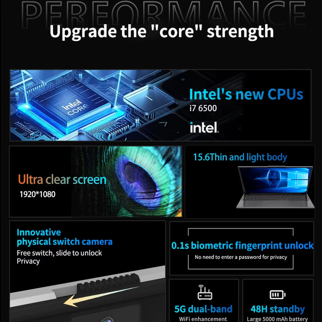 15.6" Ultra Slim Intel Core i7 6500U Laptop Computer Windows 11 16GB DDR4 1TB SSD Notebook PC Fingerprint Unlock Gaming Laptops