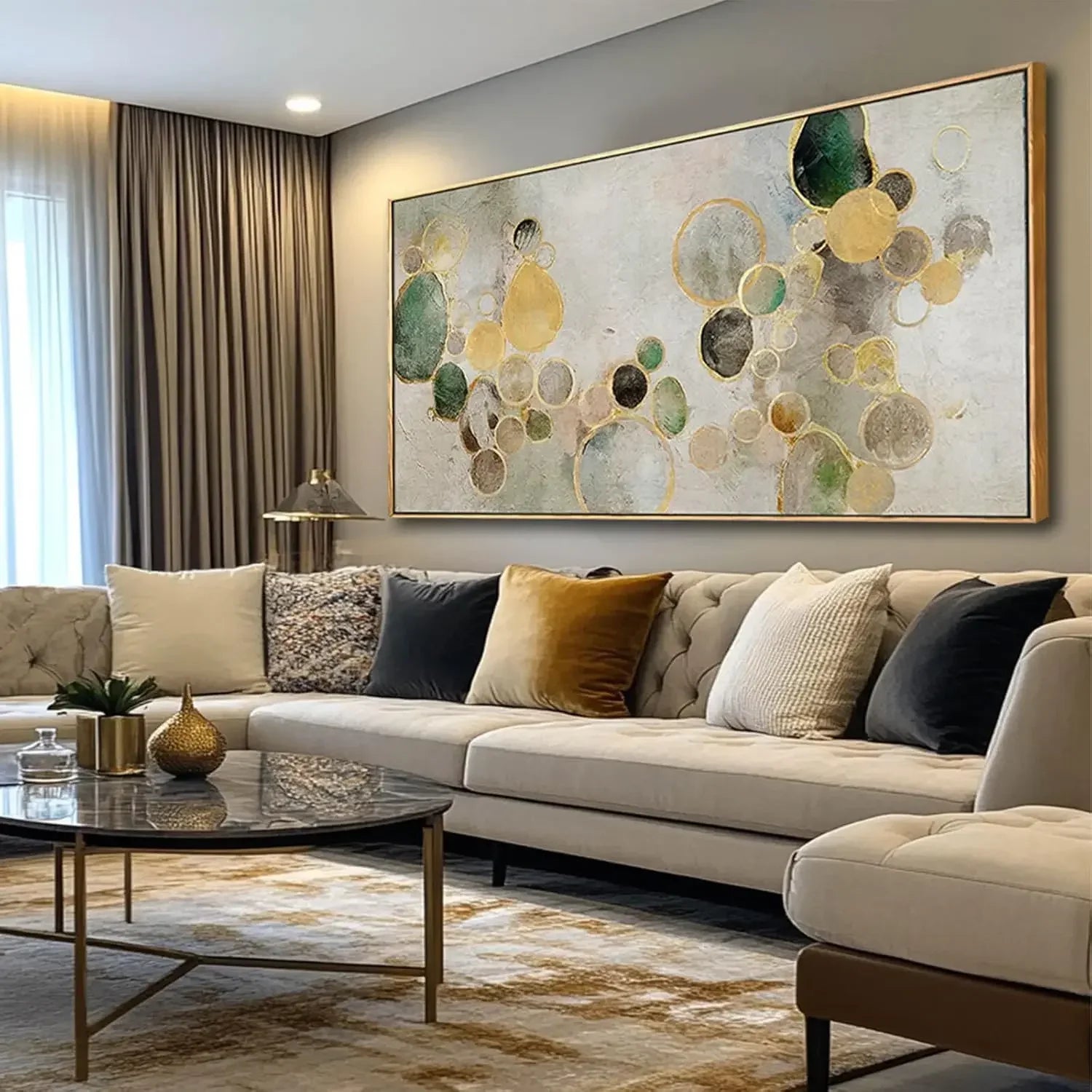 Abstract Canvas Wall Art Gold Circle Painting Green Artwork Framed Wall Prints 29"x 58" Office Wall Decor Colorful Pictures