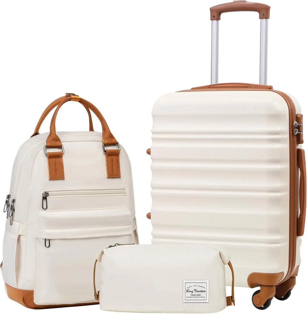 LONG VACATION 6 Piece Luggage Set Carry on Suitcase with ABS+PC hardshell, Spinner Wheels & YKK Zipper TSA Lock (BEIGE-BROWN
