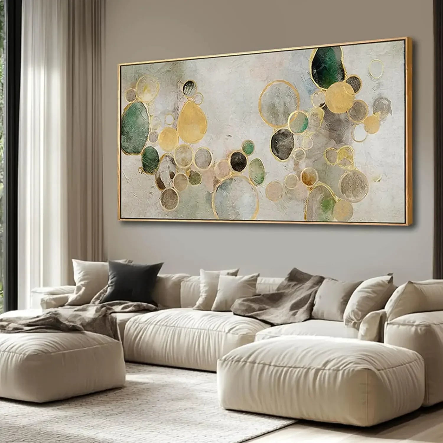 Abstract Canvas Wall Art Gold Circle Painting Green Artwork Framed Wall Prints 29"x 58" Office Wall Decor Colorful Pictures