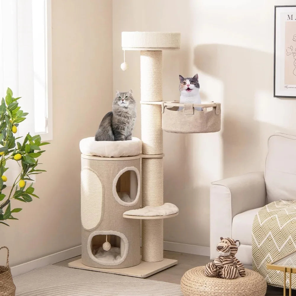 Cat Tree Tower, 61 Inch Multi-Level Tall with 2-Story Cat Condo, Top Perch, Sisal Scratching Posts & Carpet