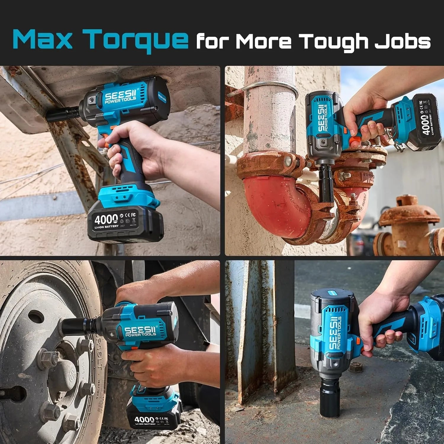 Seesii 1200Nm Electric Impact Wrench 1/2" Cordless with Detachable Side Handle 21V High Torque Impact Driver Gun 2x4.0Ah Battery