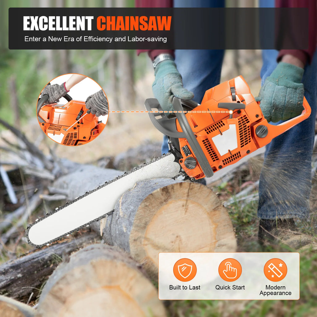 24-Inch 2800rpm Gas Chainsaw 72CC 3900W 2-Stroke Handheld Cordless Orange Chain Saws for Wood Cut