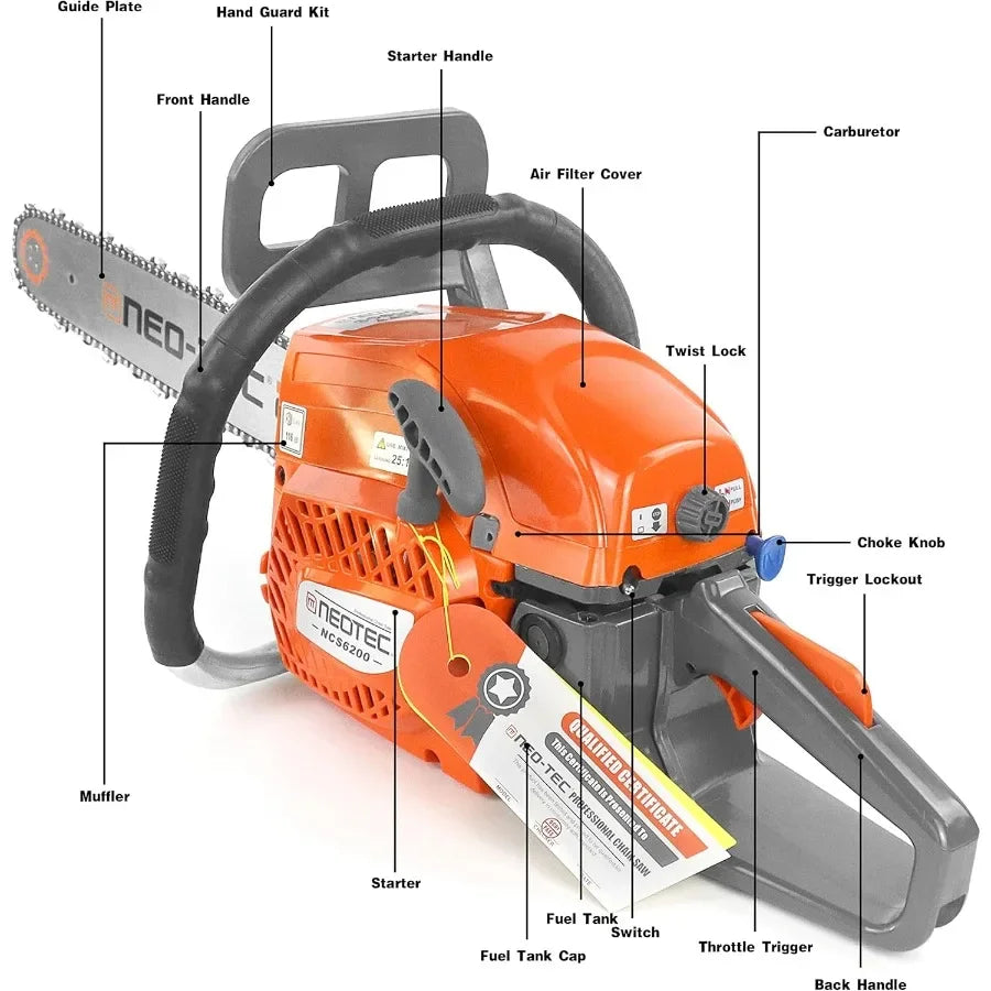 NEOTEC 20 Inch Chainsaw 62CC Power Chain Saws Gas Powered 2 Stroke Handed Petrol Gasoline Chain Saw for Cutting Wood Outdoor Ga