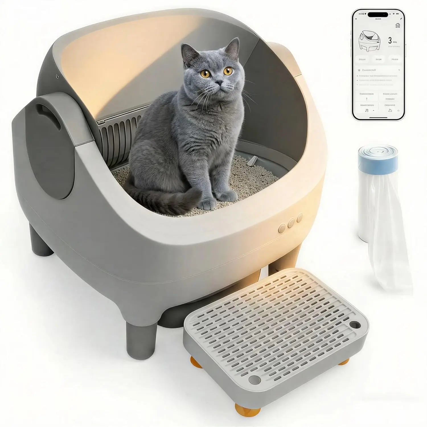 Automatic Litter Box with Raised Step, for Multiple Cats, Open Top Large Capacity Self Cleaning Litter Box, Safety, Customized