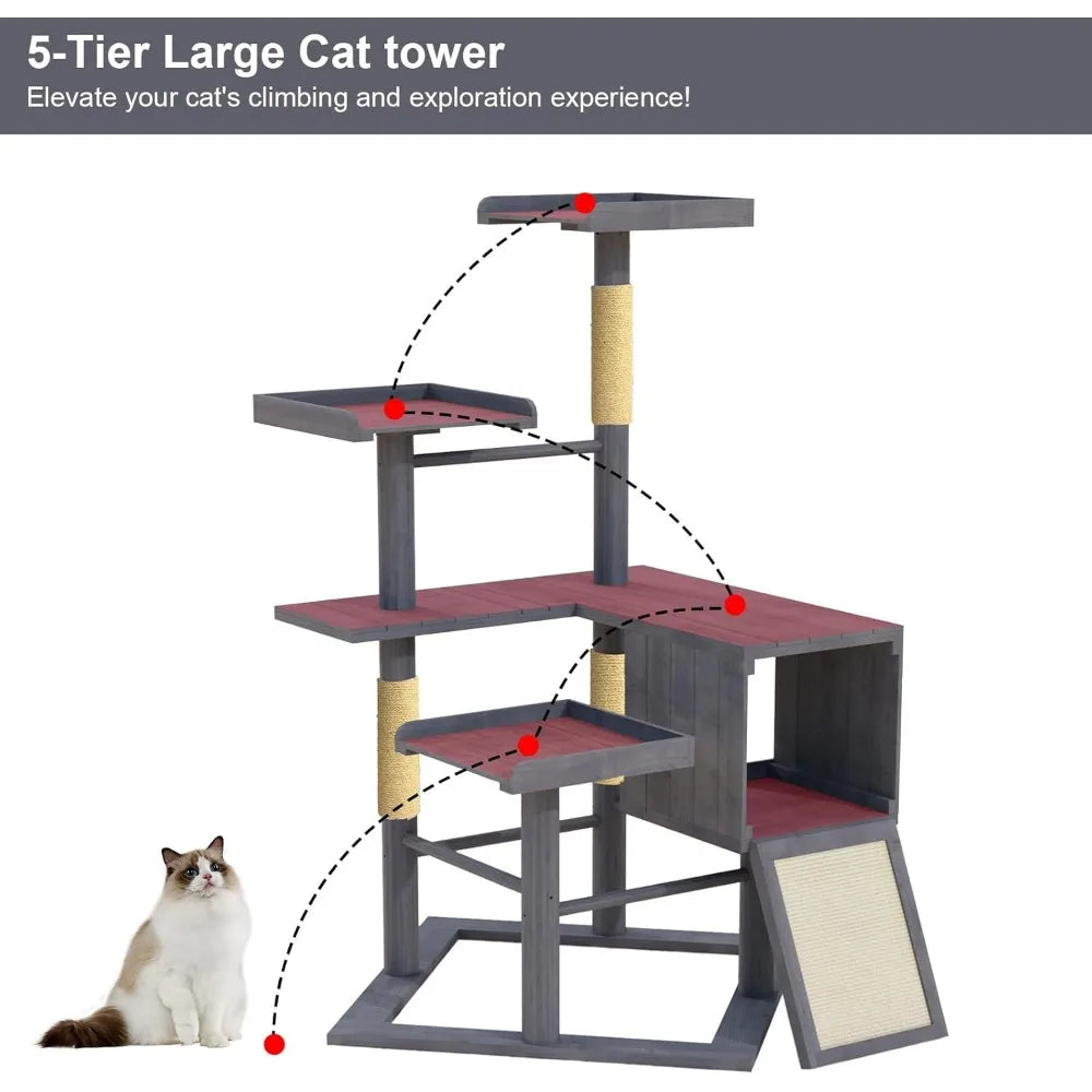 Durable Outdoor Cat Tree for Large Cats with Weather-Resistant Wood, Condo, and Scratching Posts