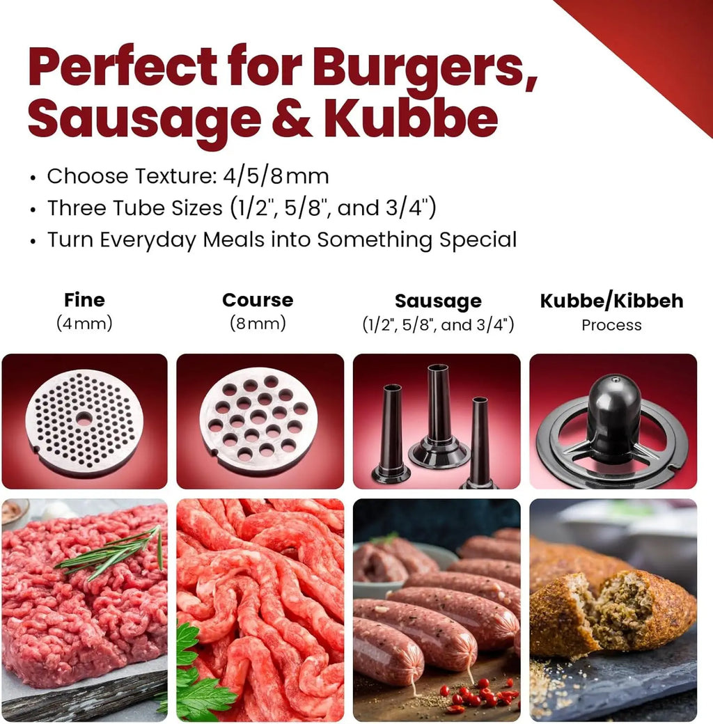 Electric Meat Grinder with Slicer, Shredder, and Sausage Stuffer - 6-in-1 Home Kitchen Appliance