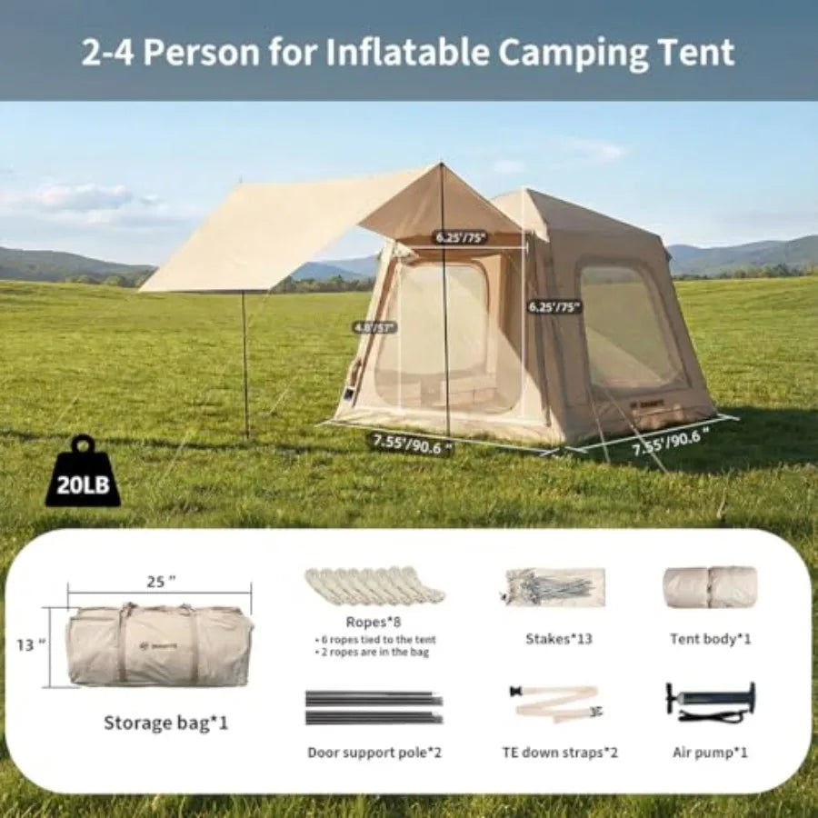 Inflatable Tent for Camping Waterproof Ox 4 Season Air Tent with Hand Pump Easy Setup Luxury Outdoor Glamping Windproof Tent 2-