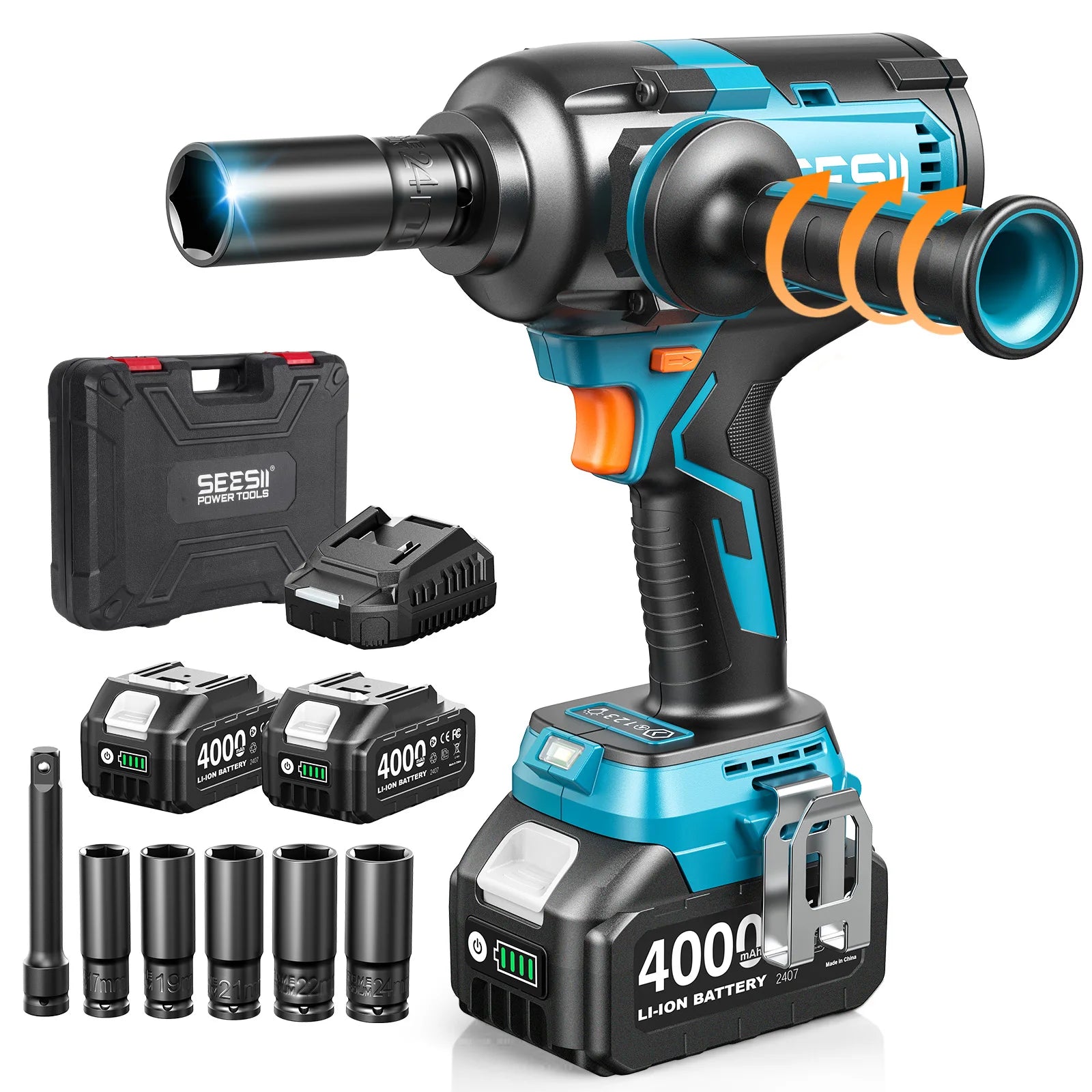 Seesii 1200Nm Electric Impact Wrench 1/2" Cordless with Detachable Side Handle 21V High Torque Impact Driver Gun 2x4.0Ah Battery