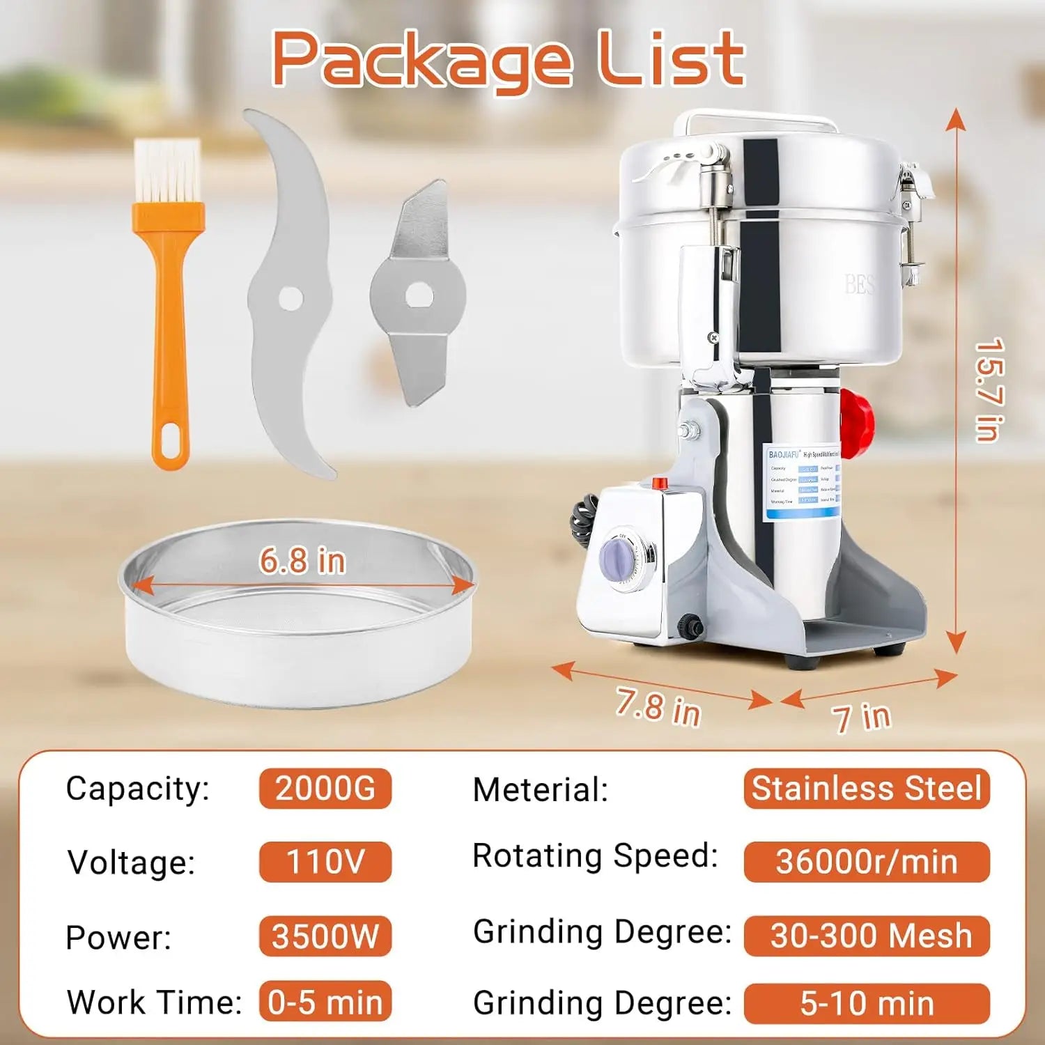 Electric Grain Mill Grinder 2000g High-speed 3500W Stainless Steel Superfine Powder for Kitchen Home Commercial