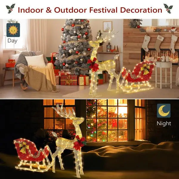 Golden Elk Deer Sled Christmas Decoration - Iron Frame Cotton Thread Yard Ornament with Green Onion Powder Accents (74x20x120cm,