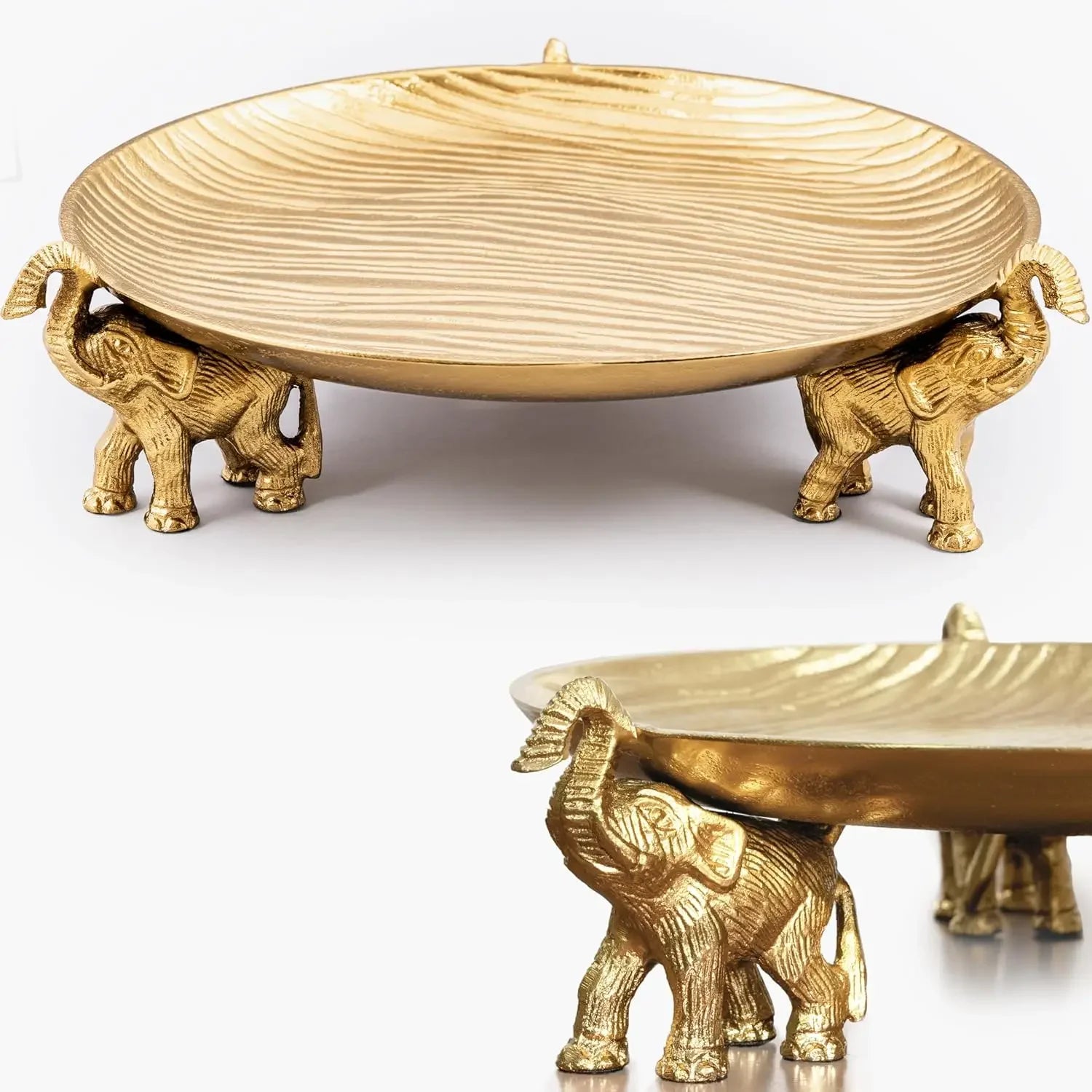 Round Decorative Tray with Elephant Stands, Golden – Tray for Coffee Table, Home Decor, Centerpiece, Serving Platter & More – Ci