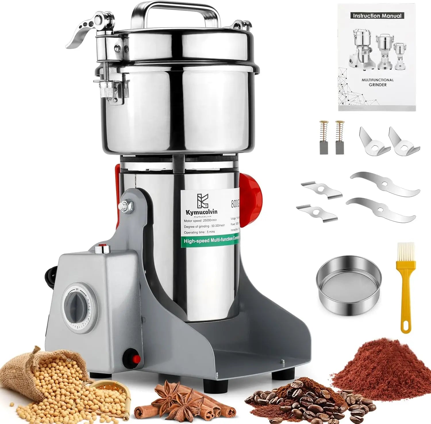 Electric Grain Mill Grinder - 800g, 110V, 3000W for Kitchen, Household, Commercial Use to Crush Grains, Spices, Herbs