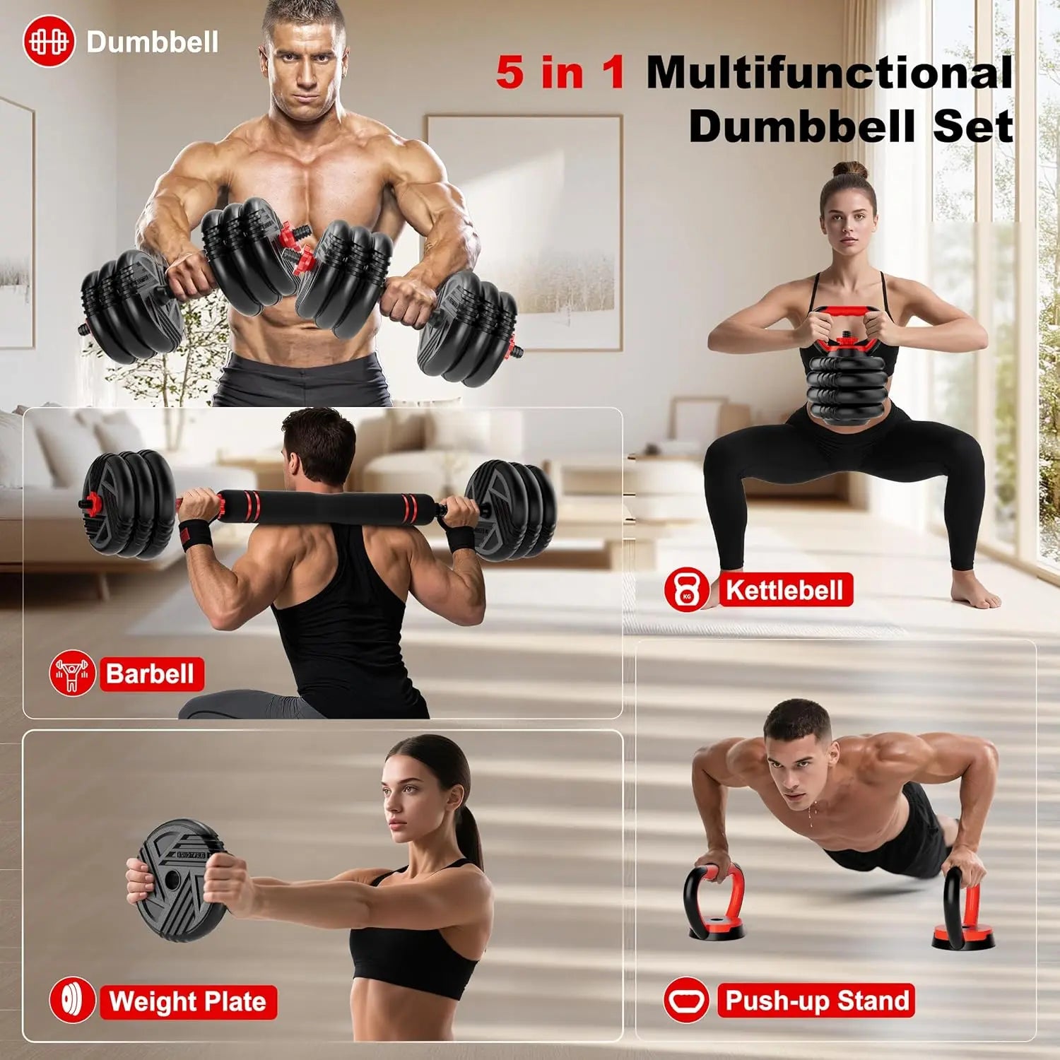 5-in-1 Adjustable Dumbbell Set Converts to Barbell & Kettlebell, 10-90lbs Weight for Home Gym Strength Training