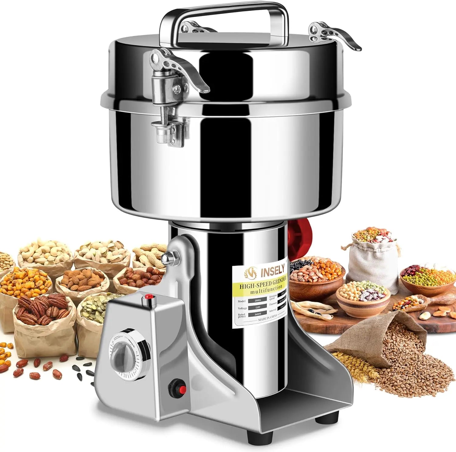 2000g High-Speed Electric Grain Mill Grinder for Kitchen, Stainless Steel Flour Nut Wheat Corn Herbs Spices Dry Grinding