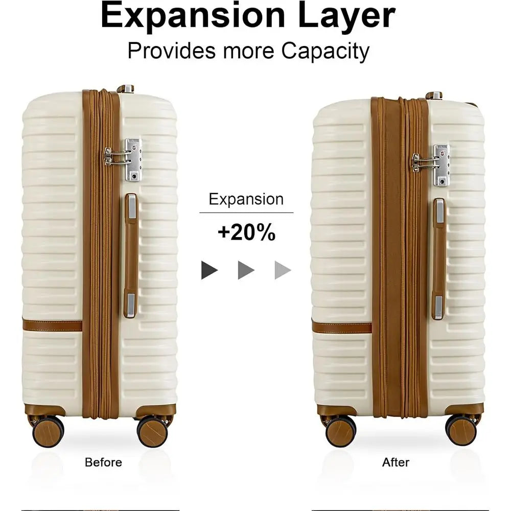 20 Inch Expandable Suitcase with Spinner Wheels, 4-Piece Hard Shell Luggage Set, TSA Lock (White/Brown)