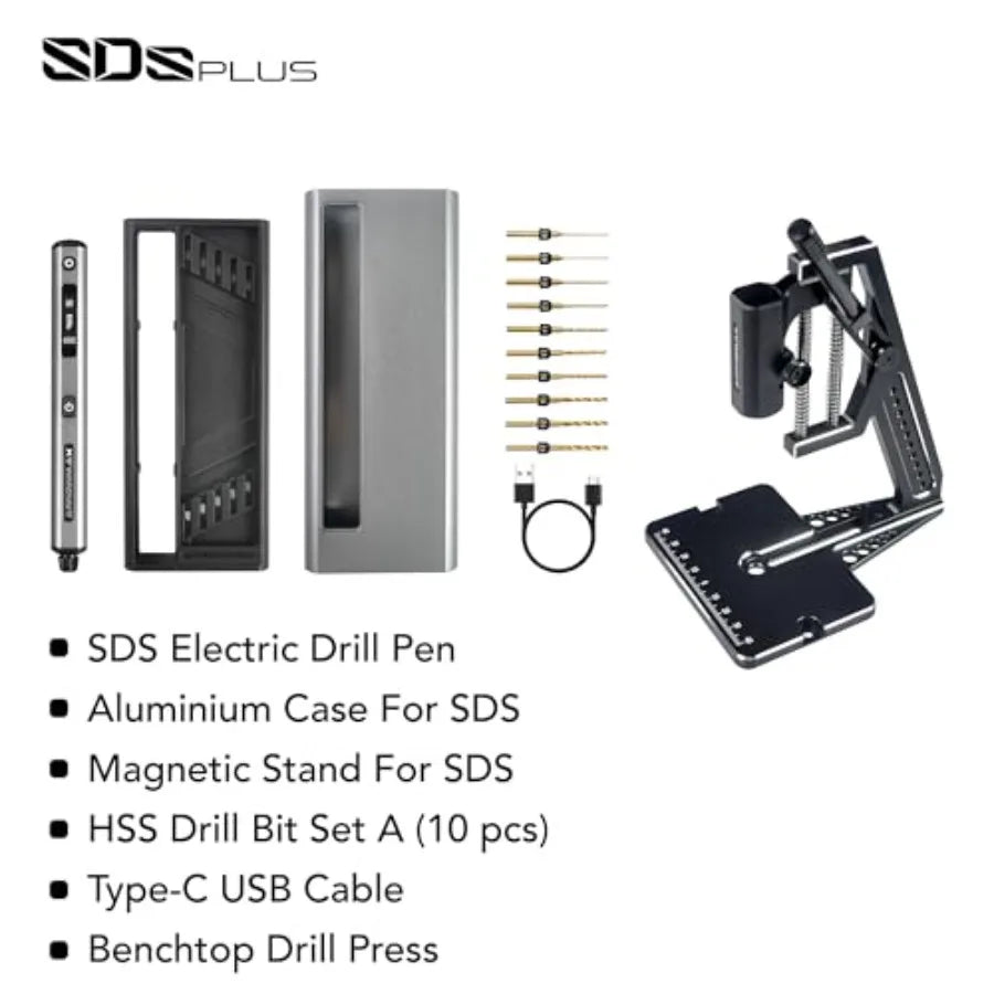 5-Speed Mini Electric Drill Pen with Benchtop Drill Press and AM ARROWMAX Precision Double-Ended Mini Bench Vise