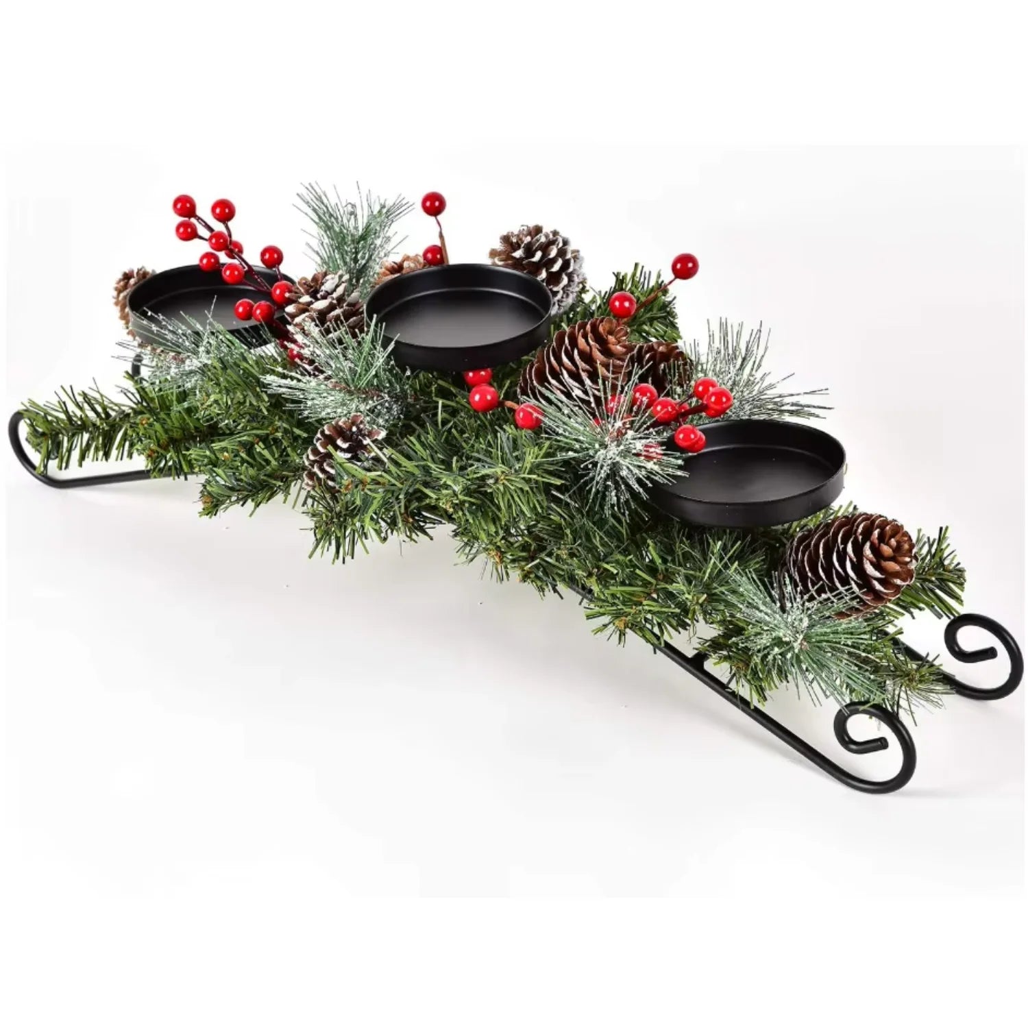 Christmas Decor Cones Red Berry Table Centerpieces with 3 Candle Holders