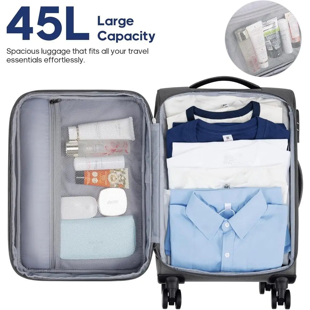 Expandable 20 Inch Airline Approved Carry-On Suitcase with Wheels, TSA Lock, and 4-Piece Packing Bags (Grey)